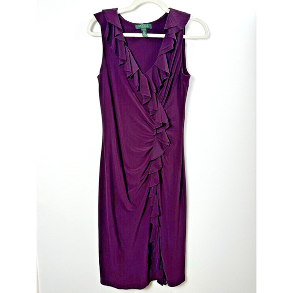 Ralph Lauren Deep Purple Ruffle Hem Preppy Feminine Fitted Stretch Midi Dress - Picture 1 of 9